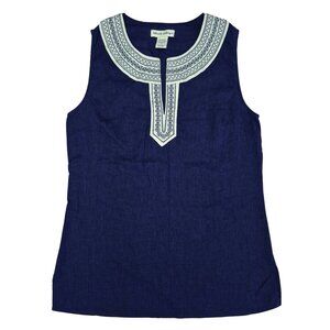 Telluride Clothing Co. Embroidered Sleeveless Top Linen Blend V-Neck Blue Size L